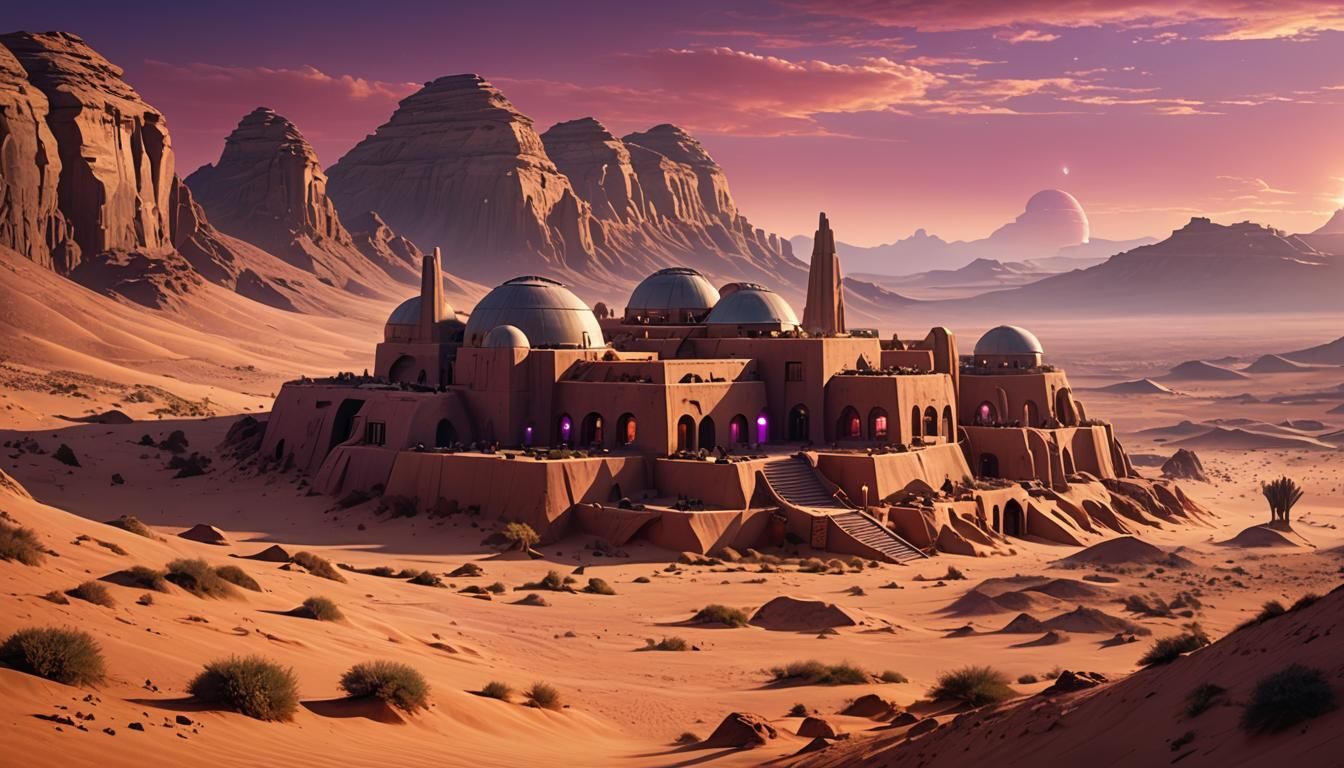 A small village at dusk on Tatooine