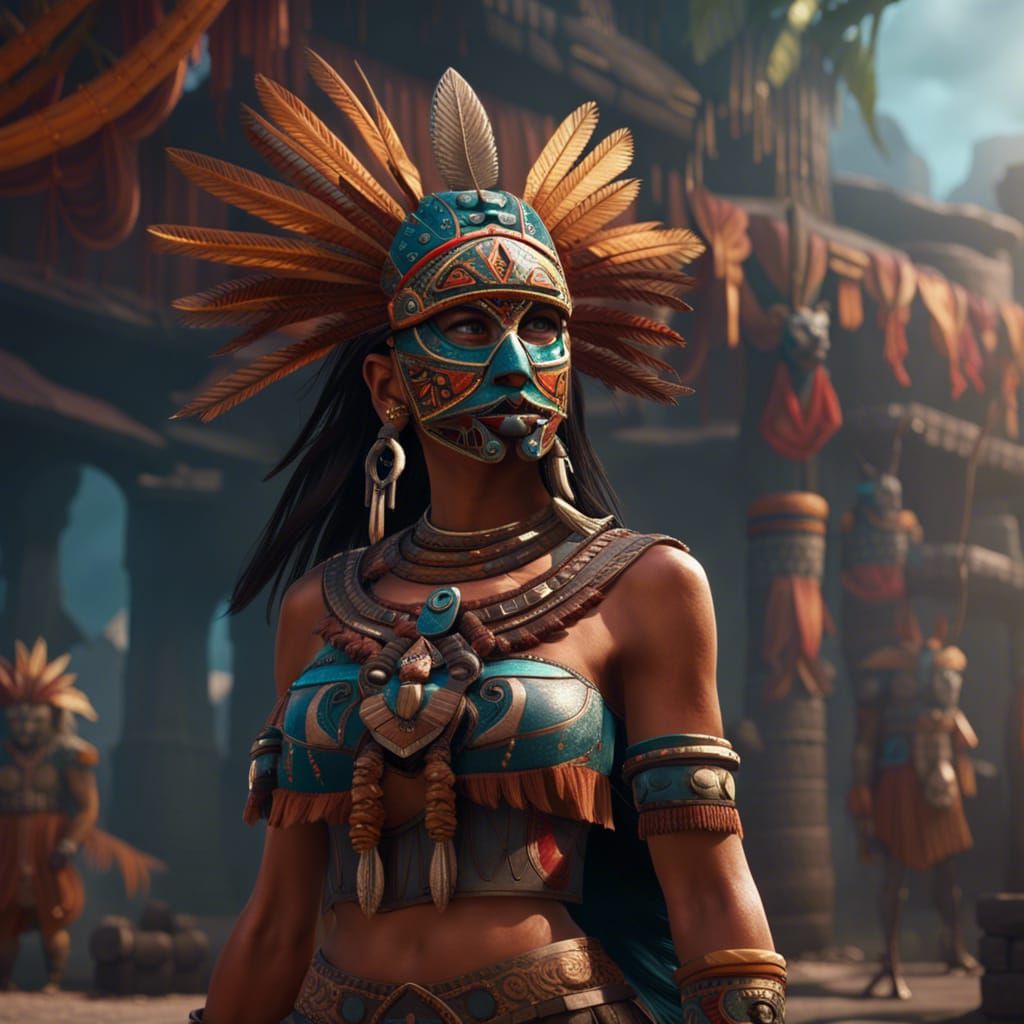 Masked Aztec Woman in Detailed Fantasy Art