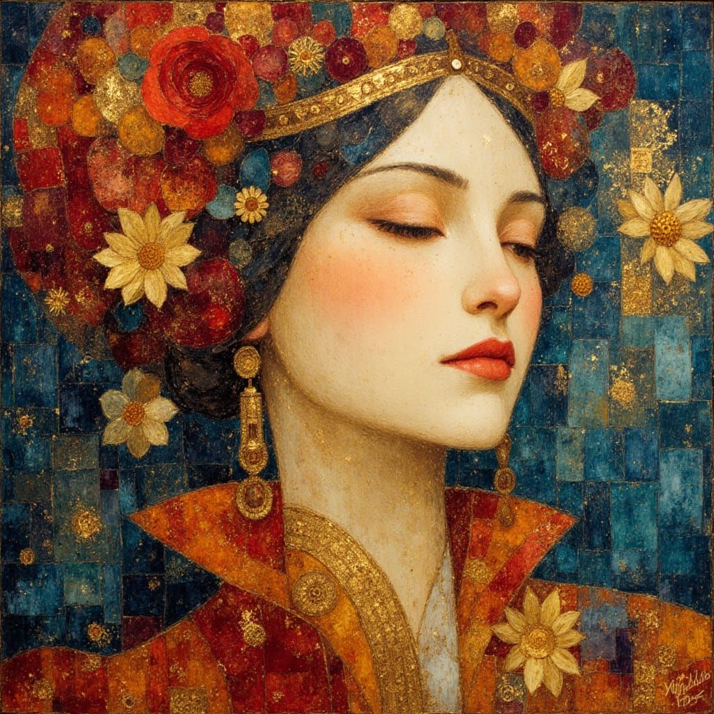 Nature Goddess in Crimson and Gold, Klimt Style