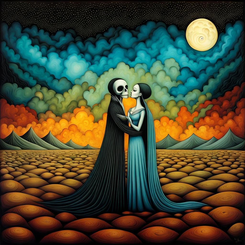 Loves Last Kiss in a Desolate Surrealist Landscape