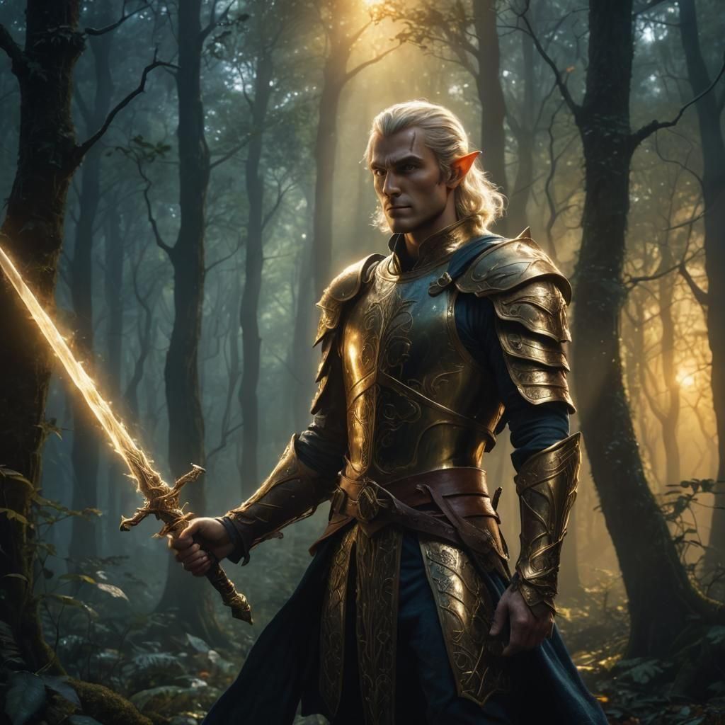 Majestic Elf Warrior in Ethereal Forest