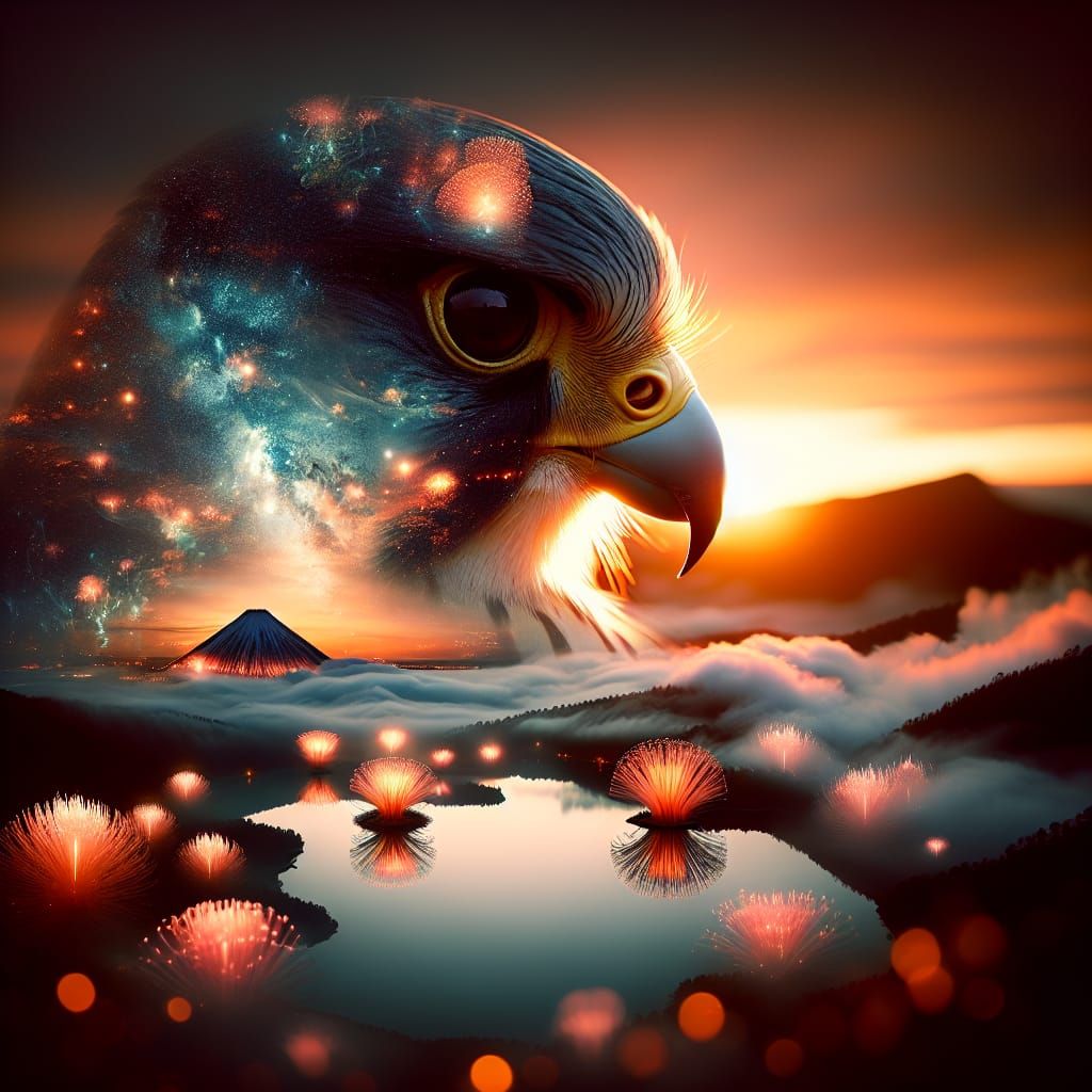Falcon Face Over Bioluminescent Pearl Flower Lakes