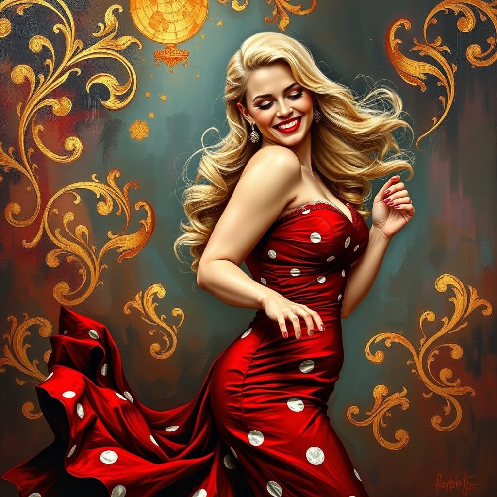 Vivacious Rockabilly Woman in Impasto Oil Painting