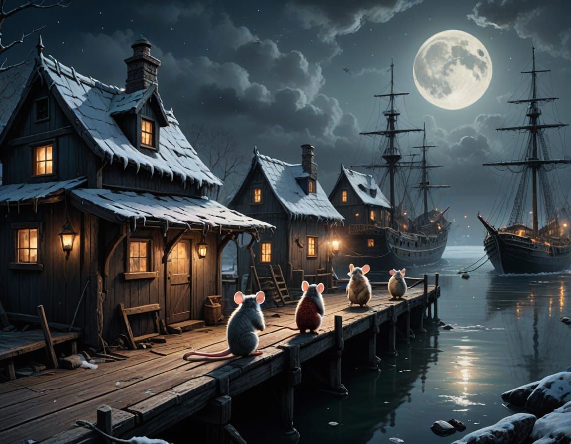 Midnight Mice Prepare for Galleon Voyage in Ethereal Moonlig...