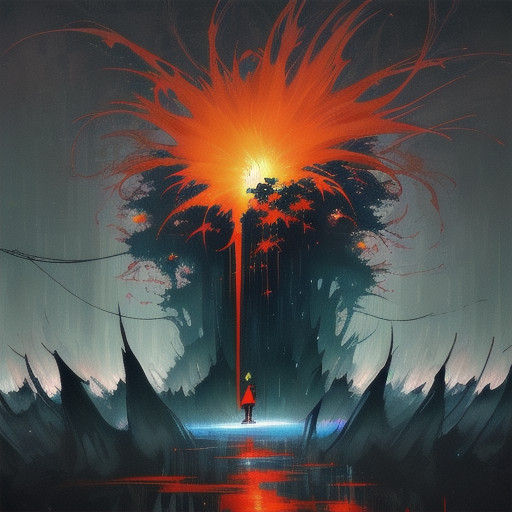 Surreal Red-Orange Anime Scene with Pulsing Tendrils in Dark...