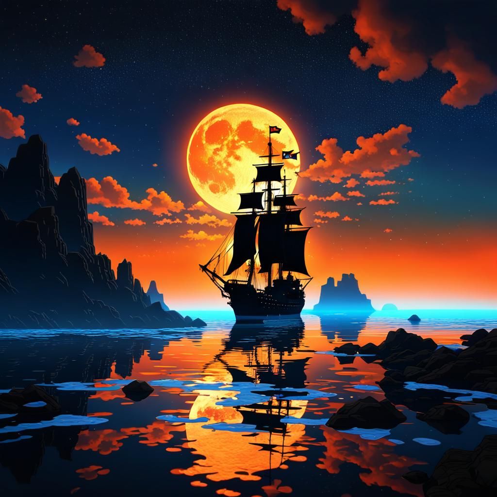 Neon Sunset Pirate Ship Silhouette in 3D