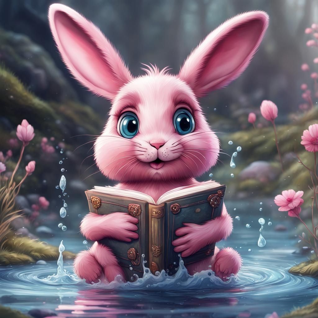Charming Pink Bunny in Watercolor Fantasy Art