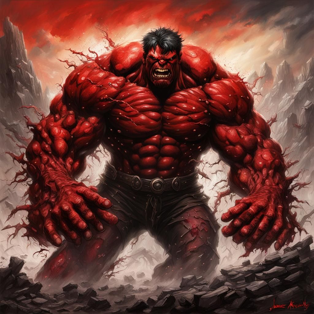 Red Hulk Titan in Anime Style Digital Painting