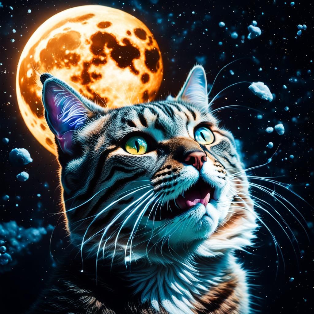 Cat with Milky Way Splash and Moon Face