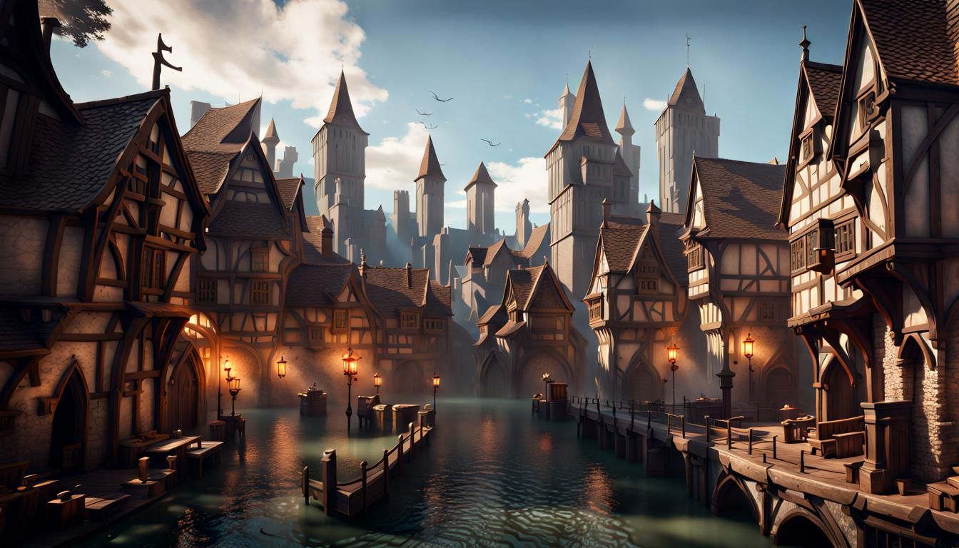 Detailed Medieval City Fantasy Concept Art
