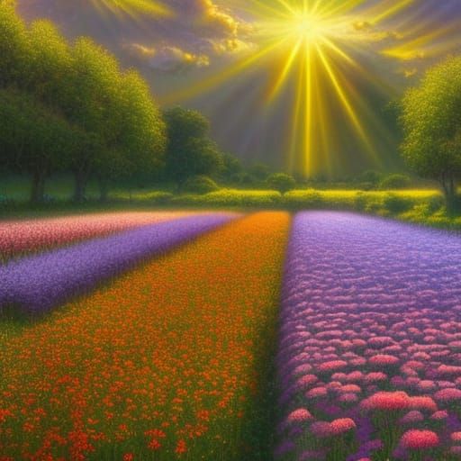 Bees in Flower Field at Sunrise: Epic Digital Painting