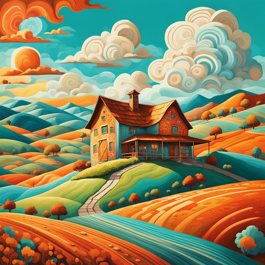 Whimsical Farmhouse on Patterned Hills: Abstract Art