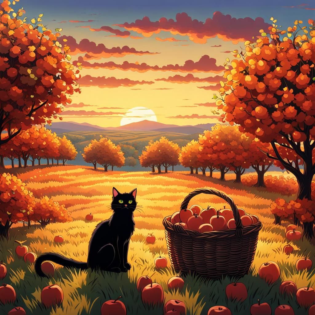 Autumn Orchard Scene with Black Cat in Anime Style