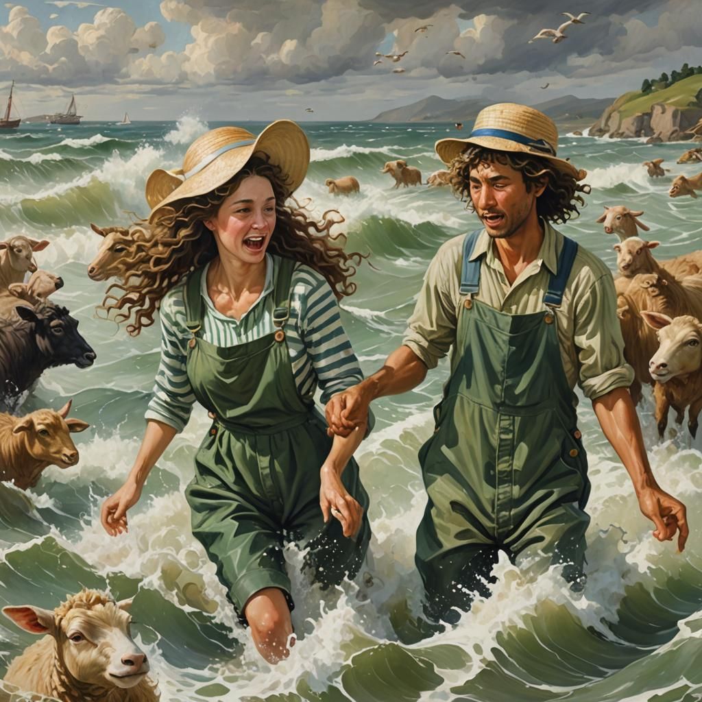 Desperate Swim in Rough Seas: A Detailed Painting