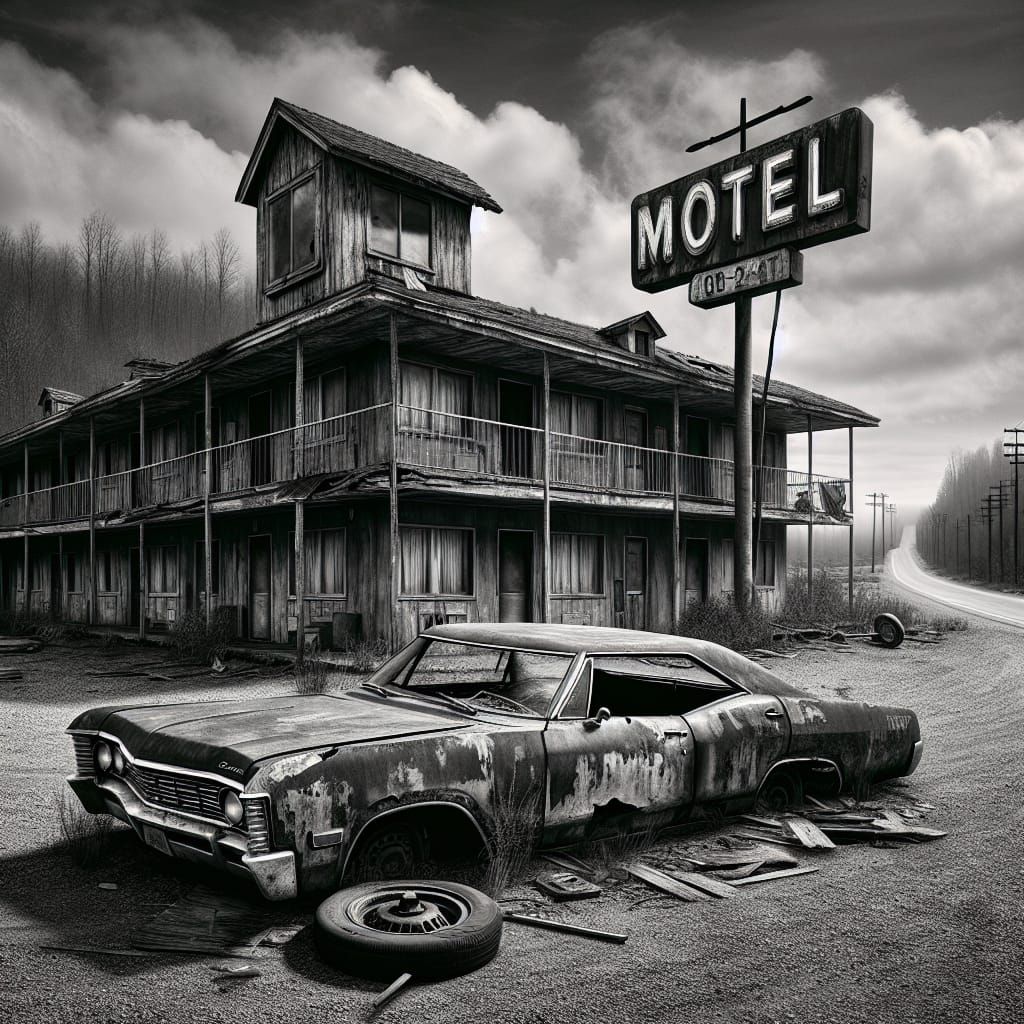 Abandoned Motel on Deserted Road in Black and White