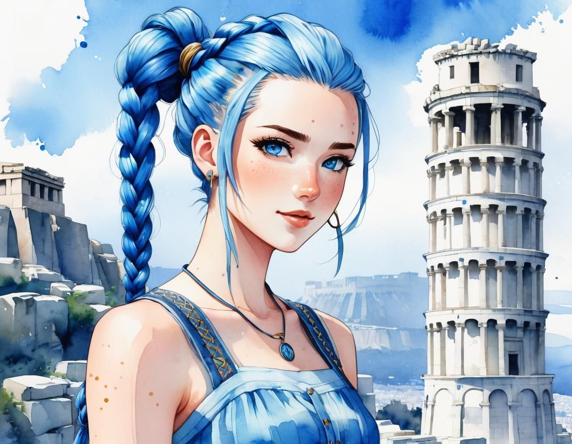 Chibi Girl with Blue Braids in Ghibli Style