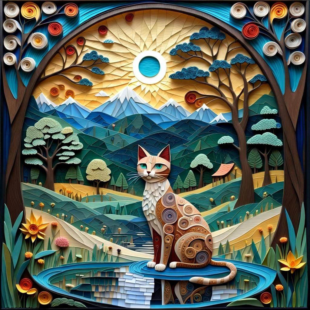 Exotic Cat Mosaic in Boho Folk Art Style