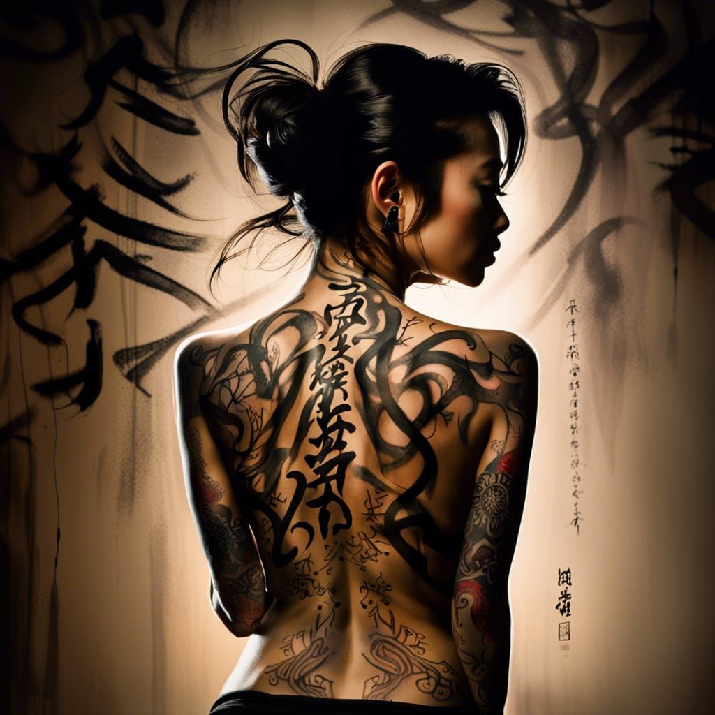 Woman with Calligraphy Tattoos, Hyperrealistic Oriental Art