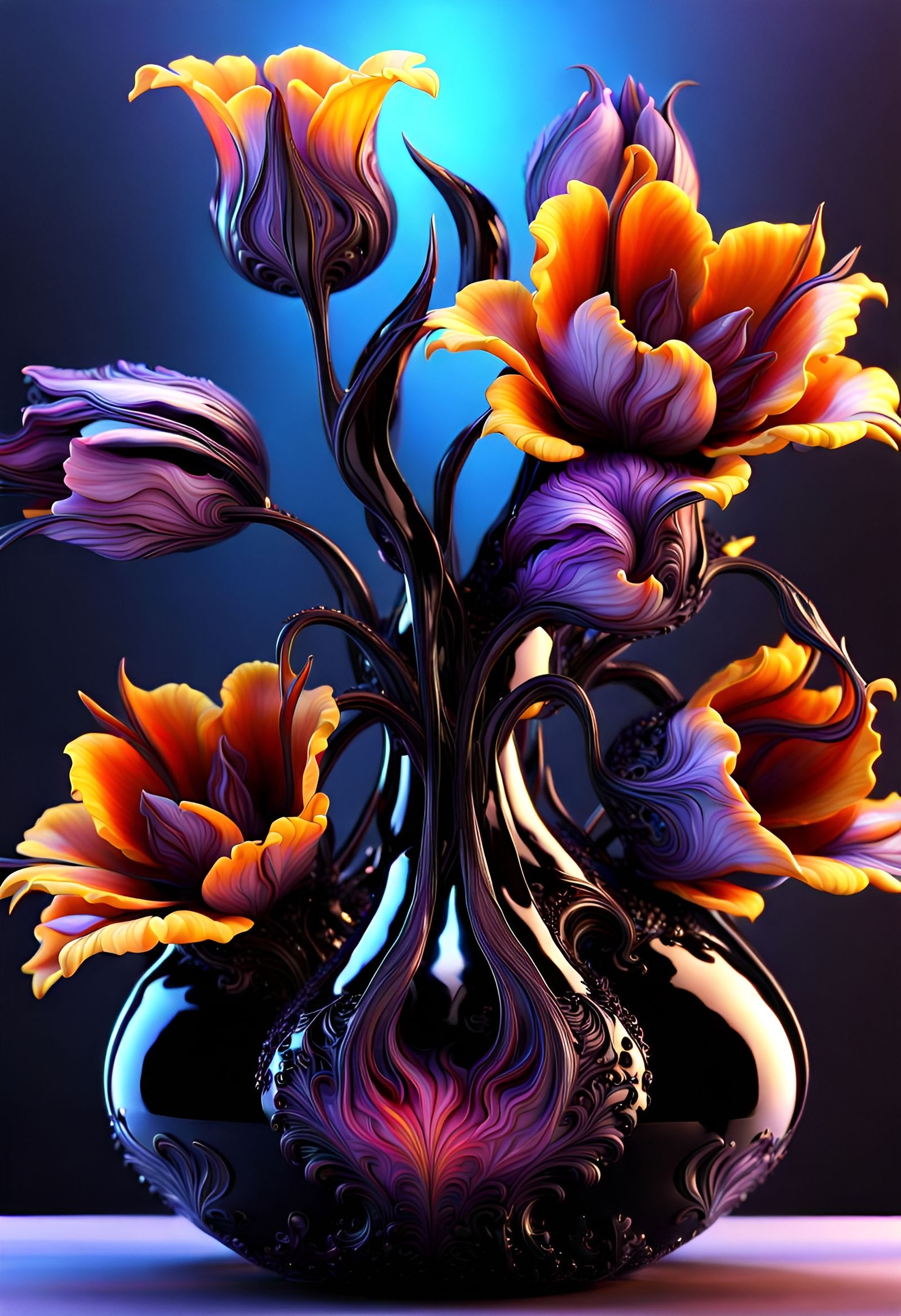 Alien Flowers in Twisted Vase, Sci-Fi Digital Art