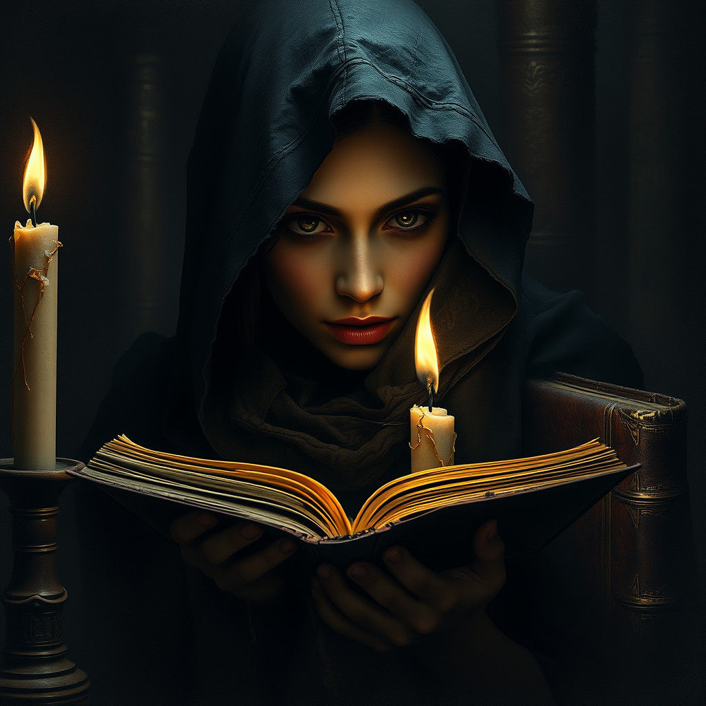 Mysterious Woman in Black Hood Amidst Ancient Tomes