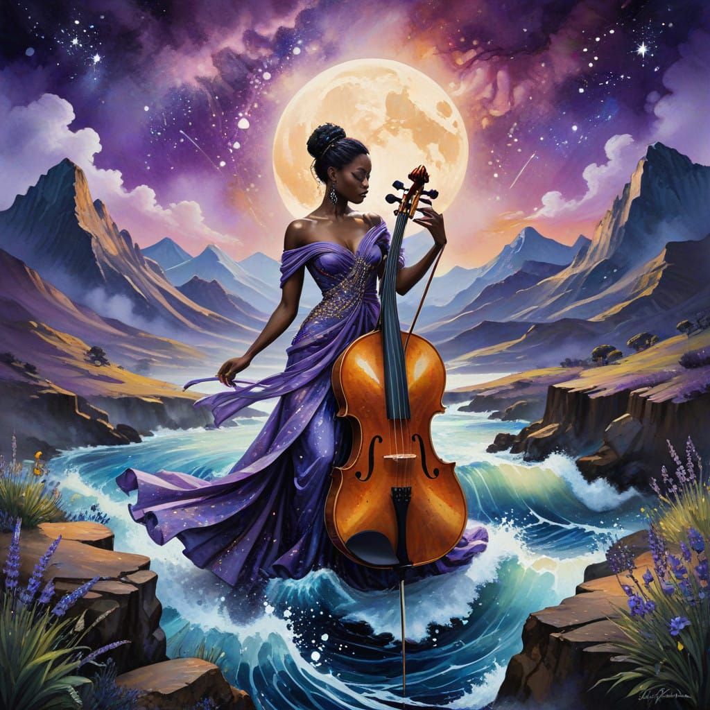 Ethereal African Violinist in Cosmic Musical Landscape