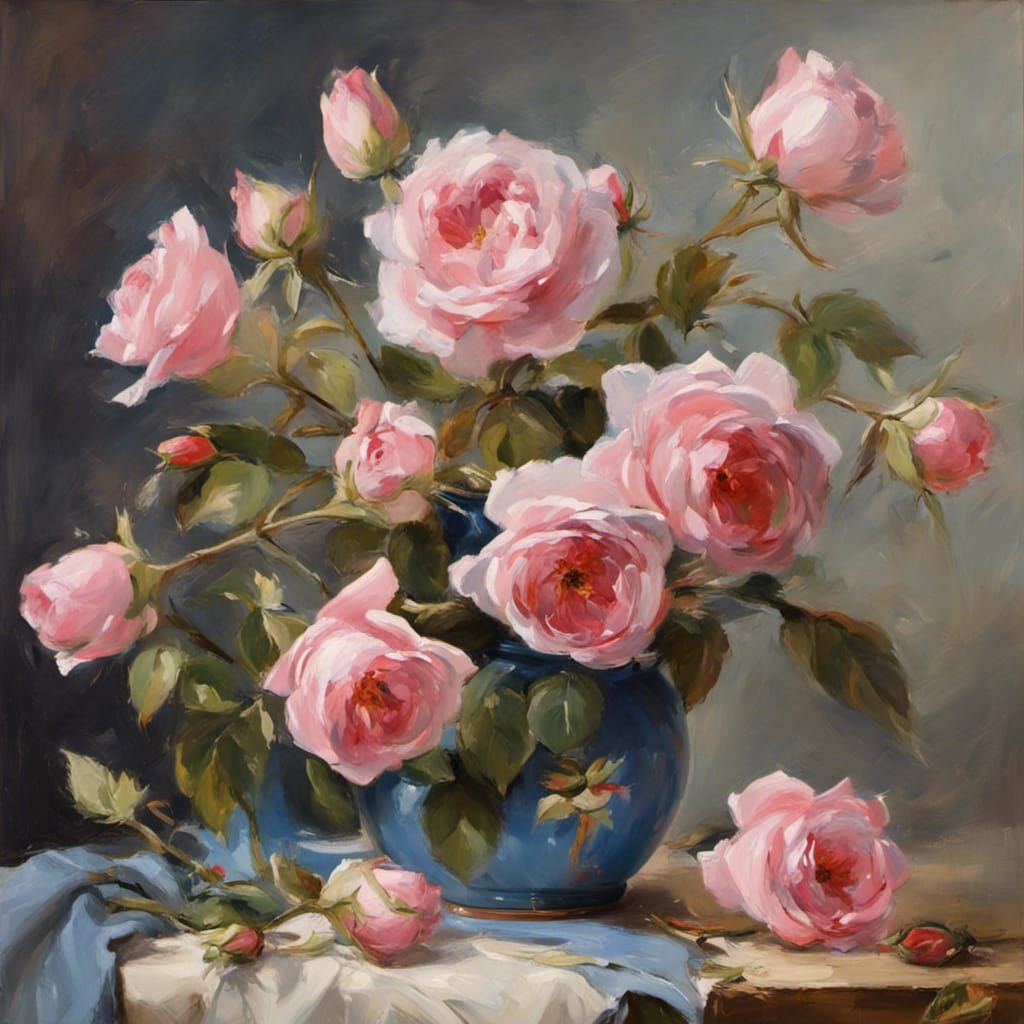 Pink David Austin Roses in Blue Jug