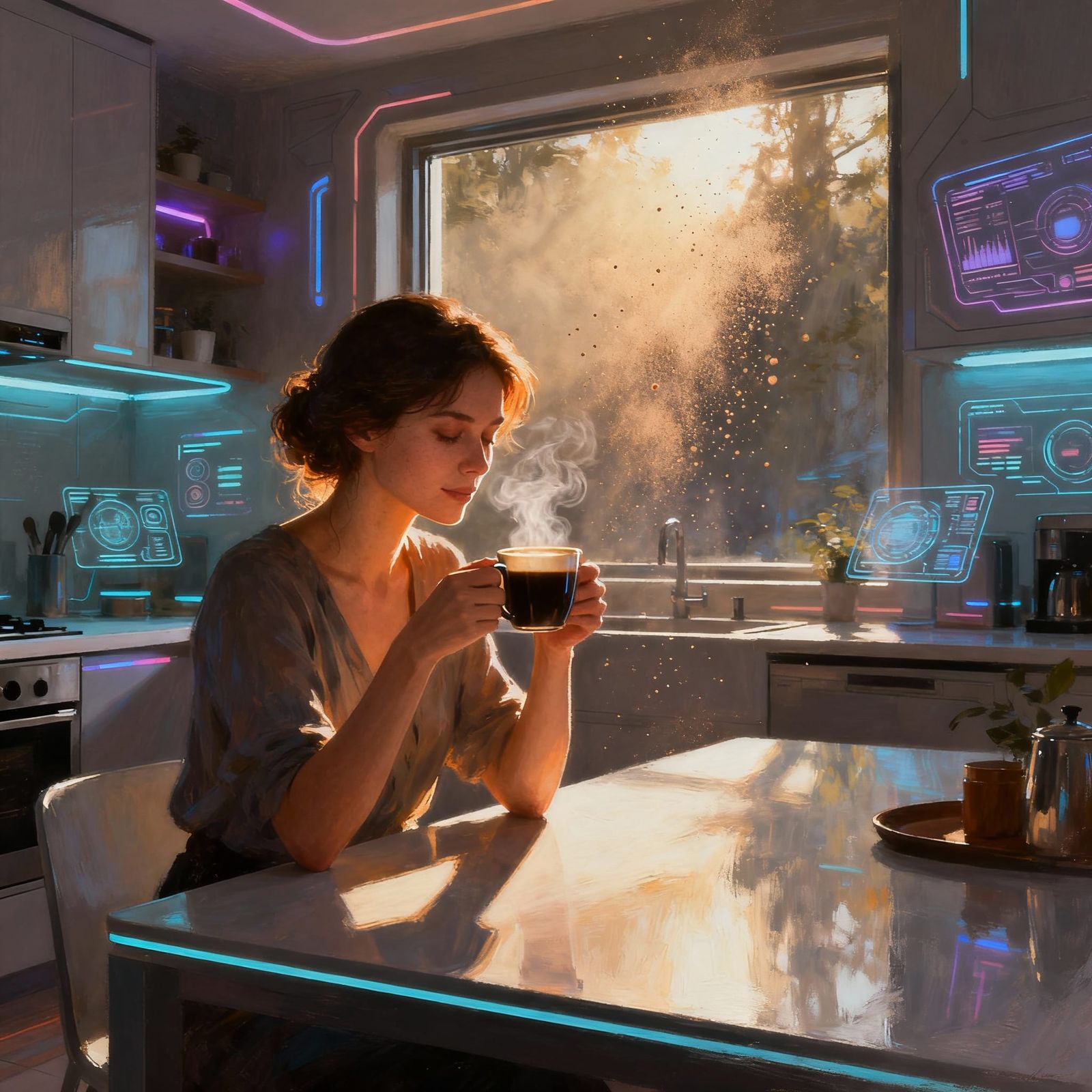 Futuristic Woman Enjoys Coffee in High-Tech Kitchen