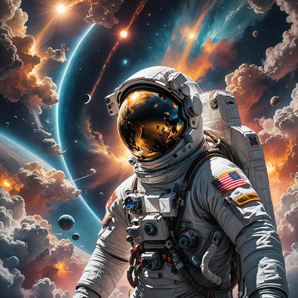 Astronaut in Clouds During Eclipse: Hyperrealistic Concept A...