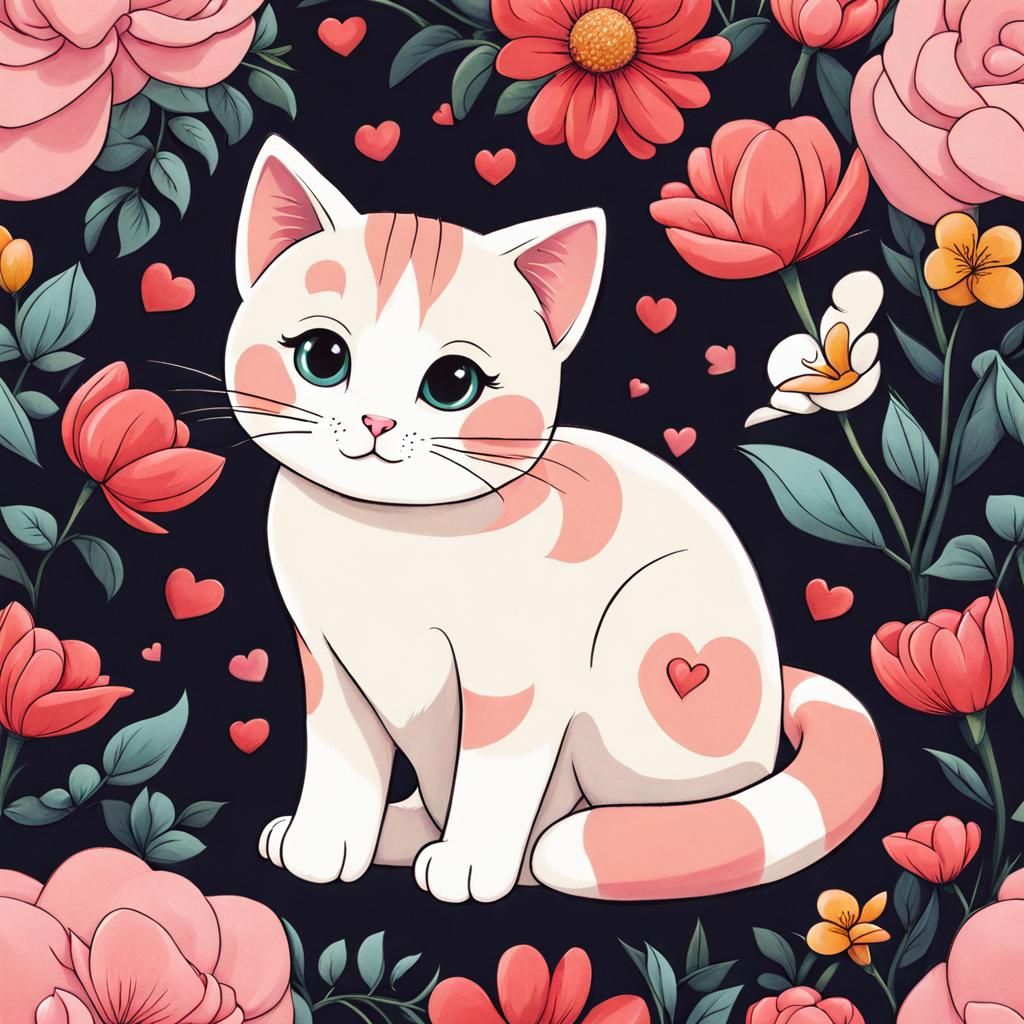 Cute Cat Surrounded by Flowers, Cartoon Art