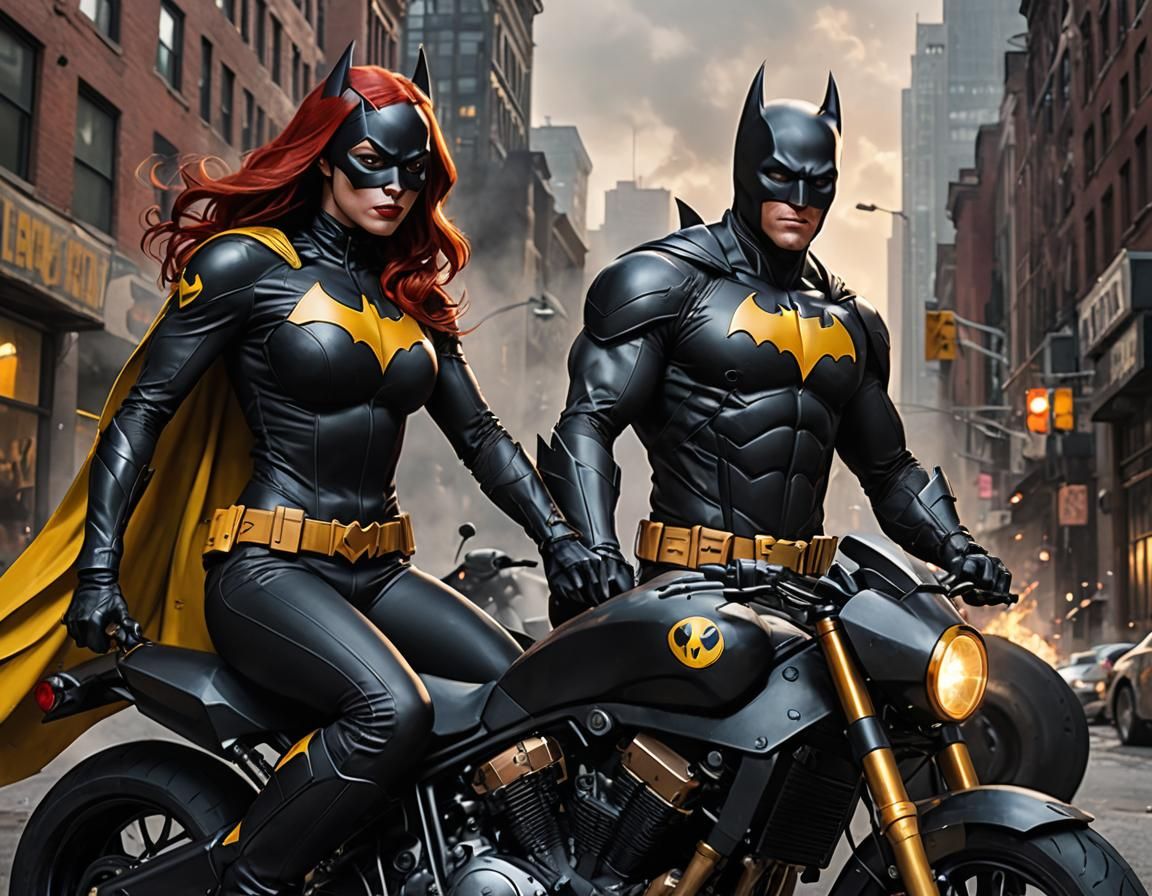 Ace the Bat-dog and Batgirl stood confidently, her sleek, form-fitting suit accentuating every curve Beside her as she g...