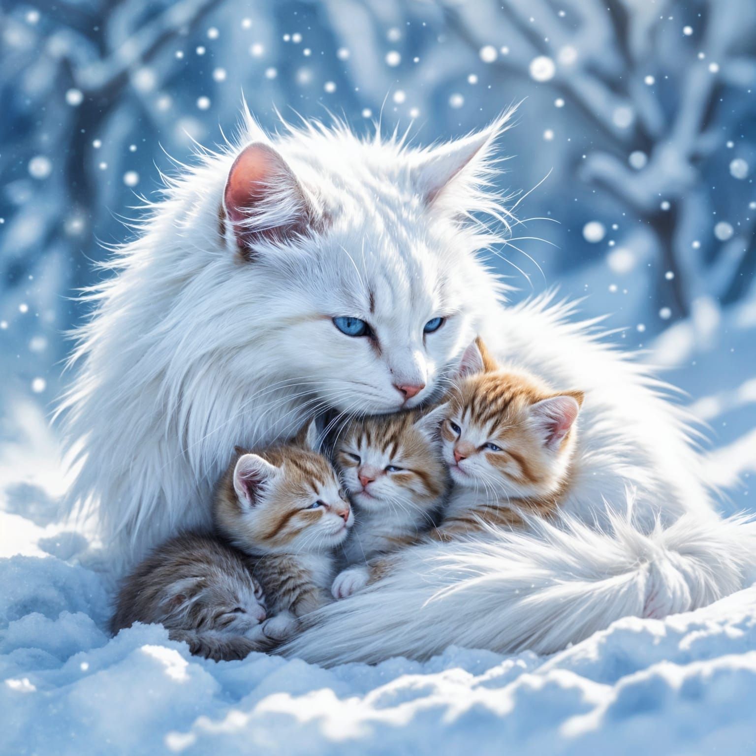 Mother Cat Shields Kittens From Snow Storm