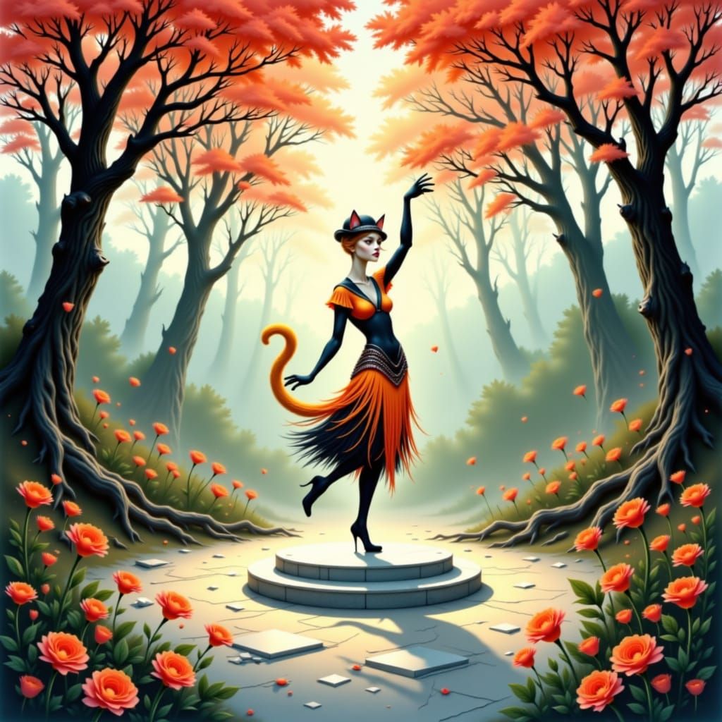 Anthropomorphic Cat Dancing Charleston in Art Deco Style