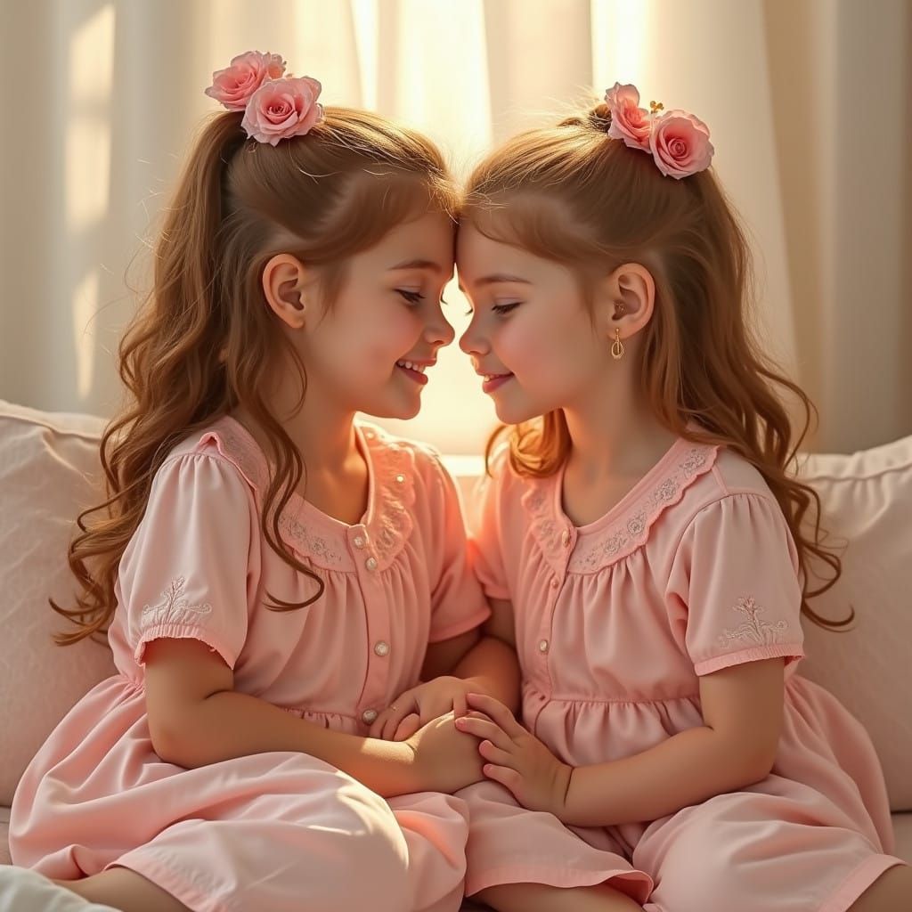 Sisters in Soft Pink Pajamas Share a Moment of Gentle Friend...
