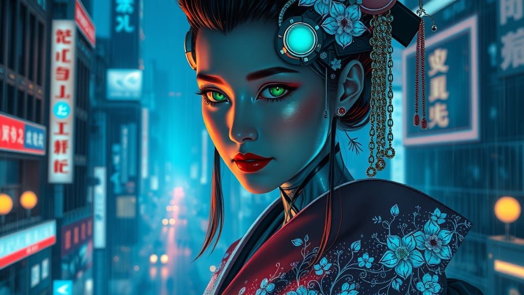 Cyberpunk Geisha Portrait in Vibrant, Iridescent Hues