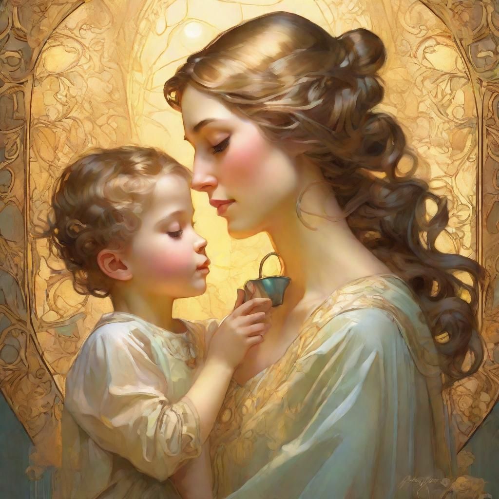 Gentle Mother Feeding Child: Whimsical Fantasy Portrait