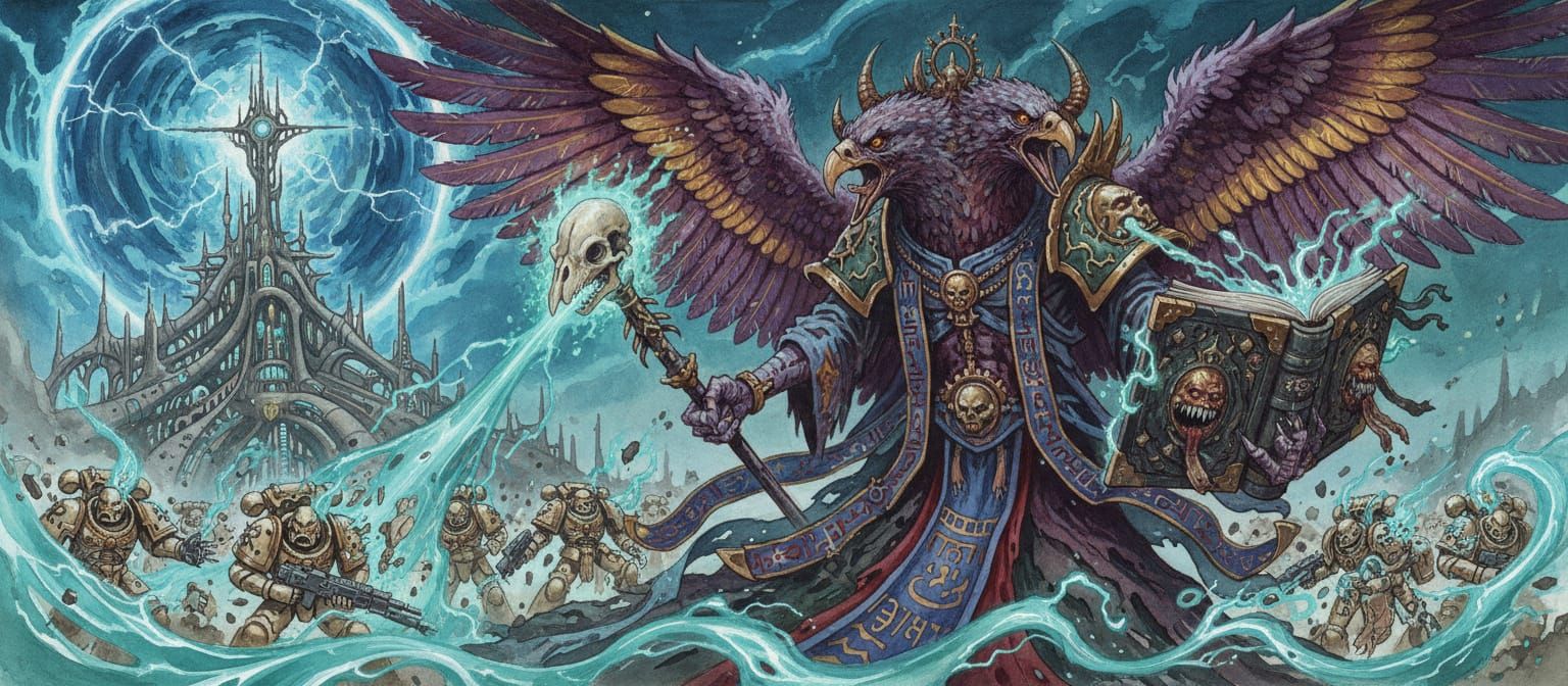 Lord of Change Daemon Battles White Scars in Watercolor Styl...