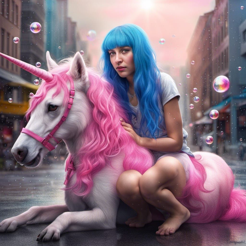Girl on Pink Unicorn with Blue Hair