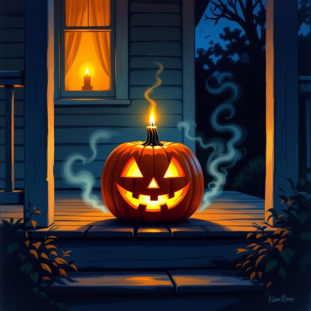 Jack O'Lantern Glows on Porch at Night