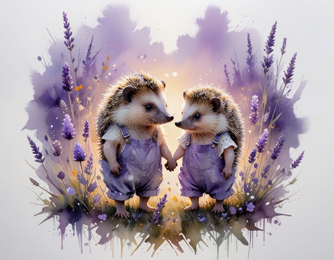 Hedgehogs in Meadow Twilight Watercolor Illustration