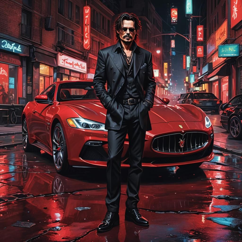 Johnny Depp in Emo Style Beside Red Maserati