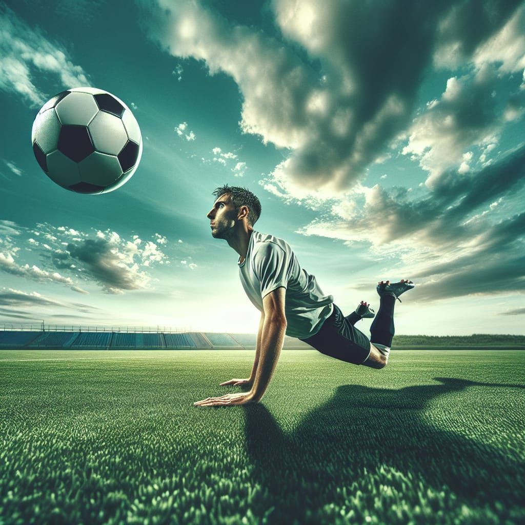 Footballer's Dramatic Diving Header on Green Field