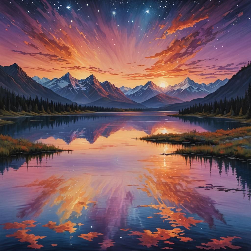 Sunset Lake Reflection with Mountains and Stars