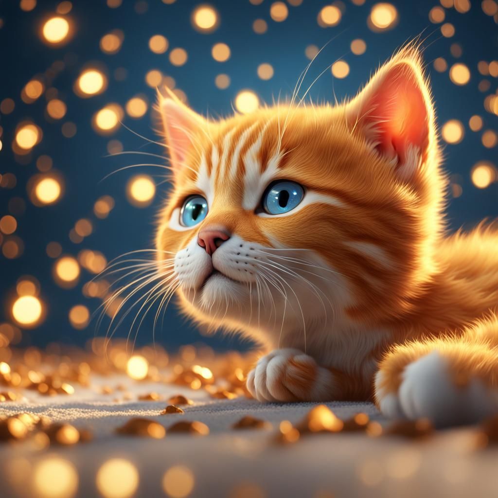 Surrealistic Portrait of Golden Kitten with Bright Blue Laug...