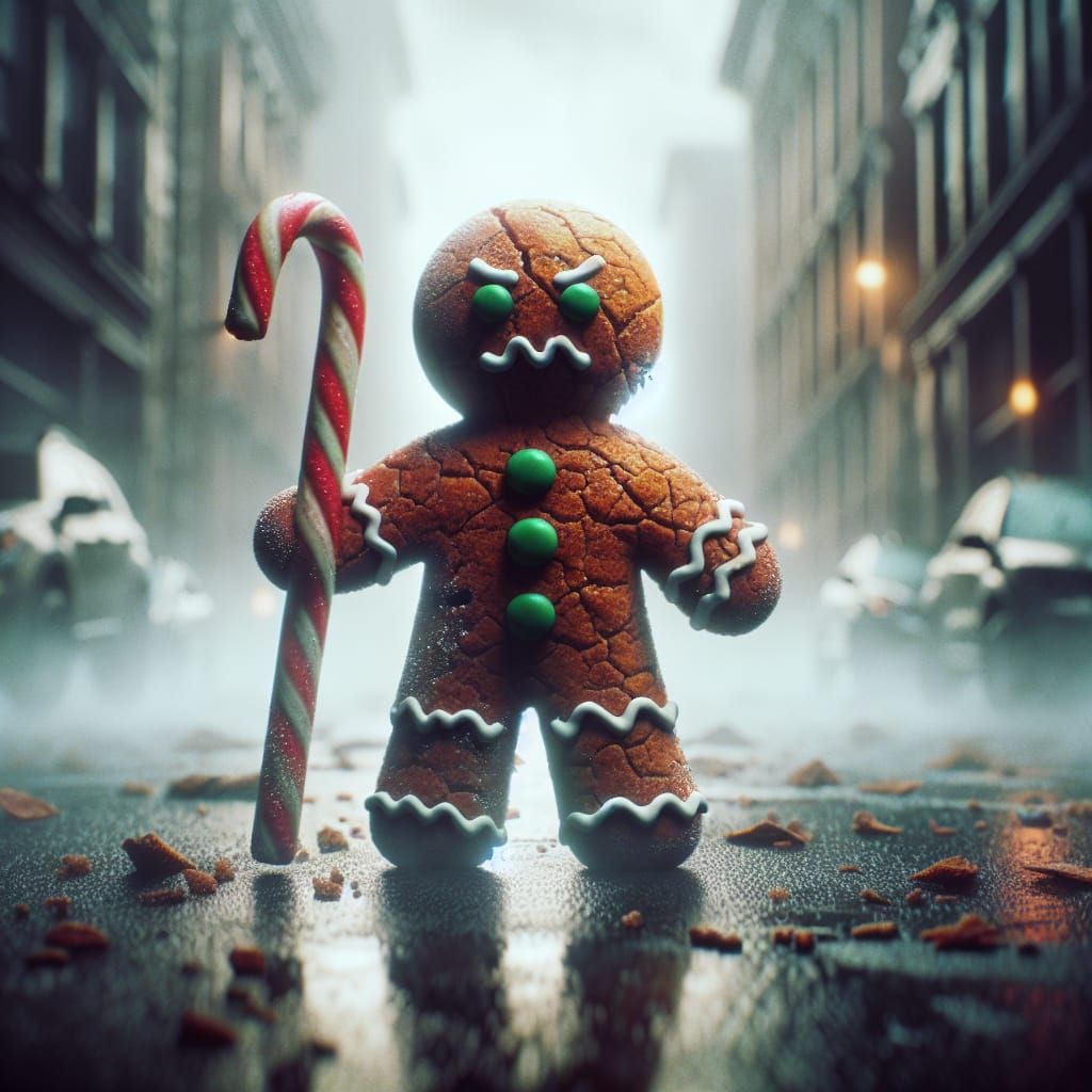 Gingerbread Man in Dystopian City: Hyper-Realistic Photo