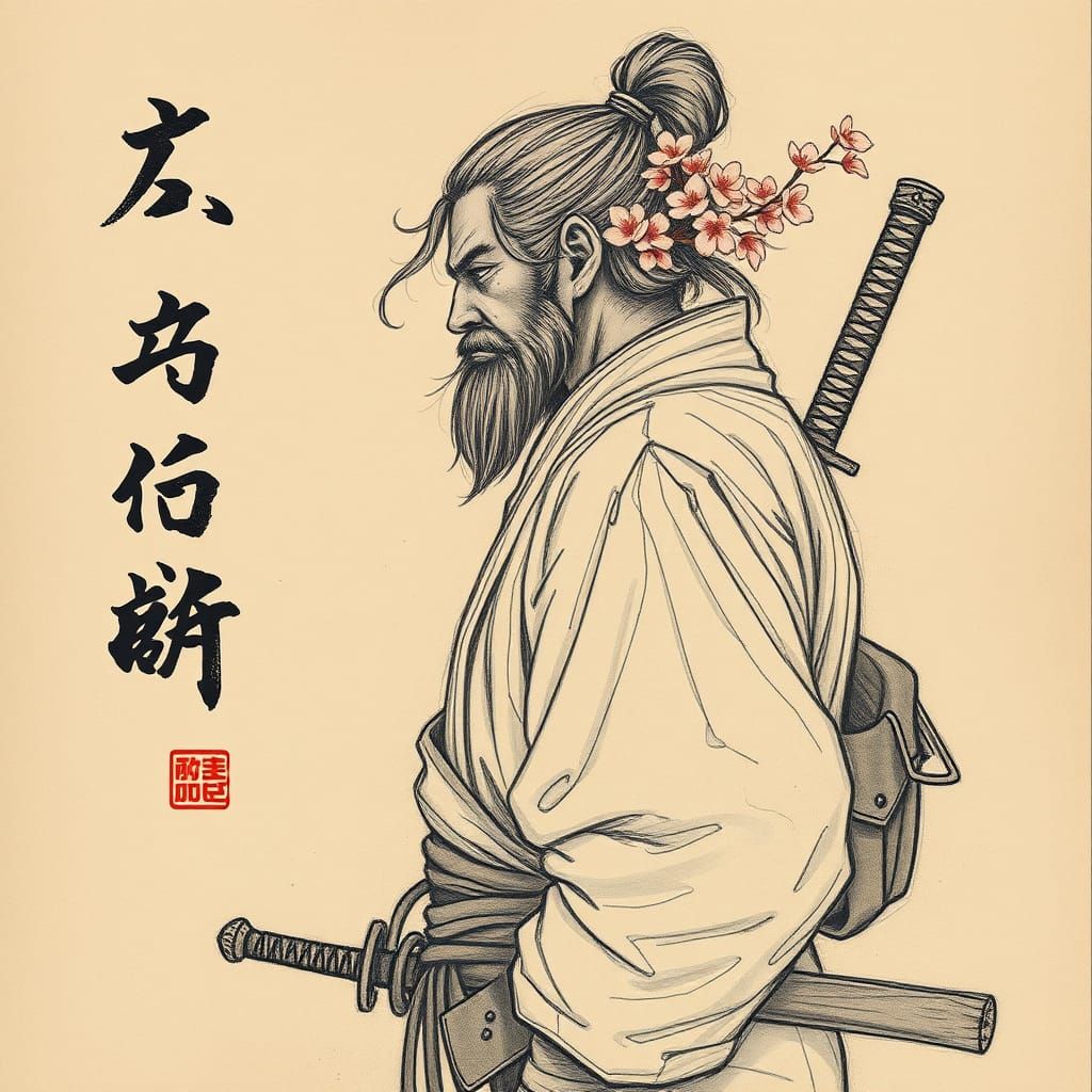 Weathered Samurai in Pencil Sketch Style with Kanji