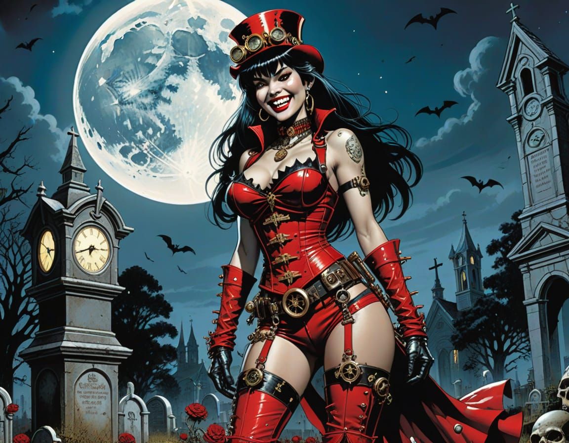 Steampunk Vampirella in Cemetery: Comic Art