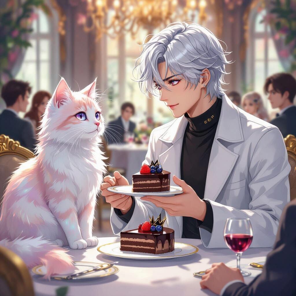 Man Offers Torte to Cat in Anime Watercolor Style