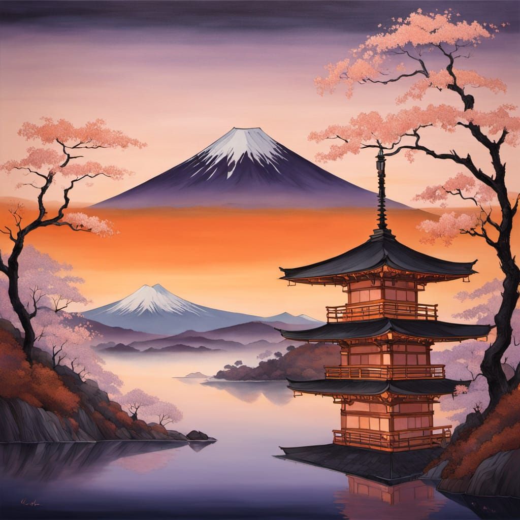 Serene Mount Fuji in Cherry Blossom Sunset