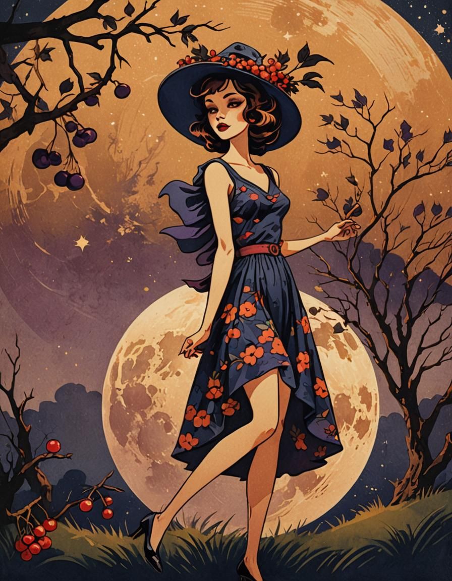 Retro Witch and Cherry Moon Illustration