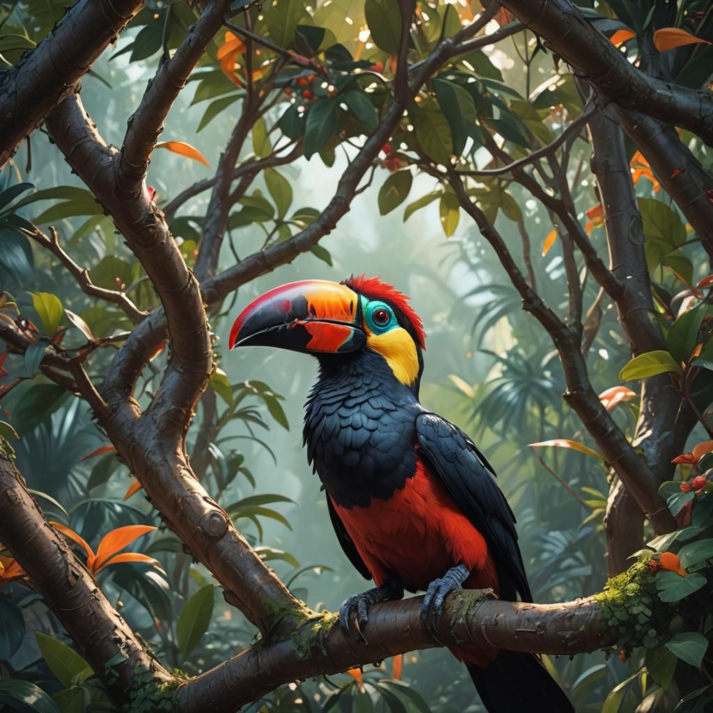 Toucan Portrait in a Tree, Hyperdetailed Digital Art